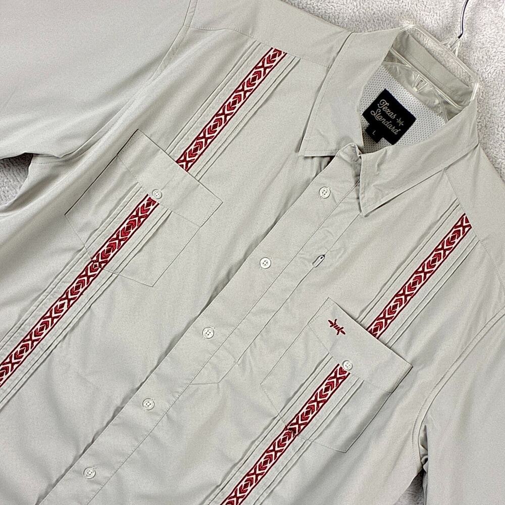 Texas Standard Guayabera Shirt Mens L Gray Red Performance Western Outdoors